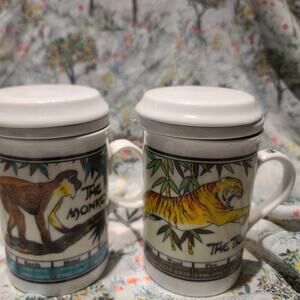 Year Of The Tiger And Monkey Mugs With Lid Ming Shu -Rare -Chinese- Dunoon